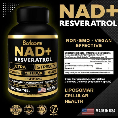 NAD + Resveratrol - Cápsulas de Reparación Celular Antienvejecimiento y Energía Extra